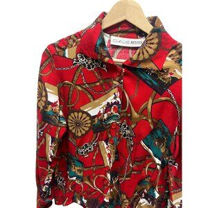 Chause Petite Vintage 90's Red and Gold Equestrian Print Silk Blend Button Down